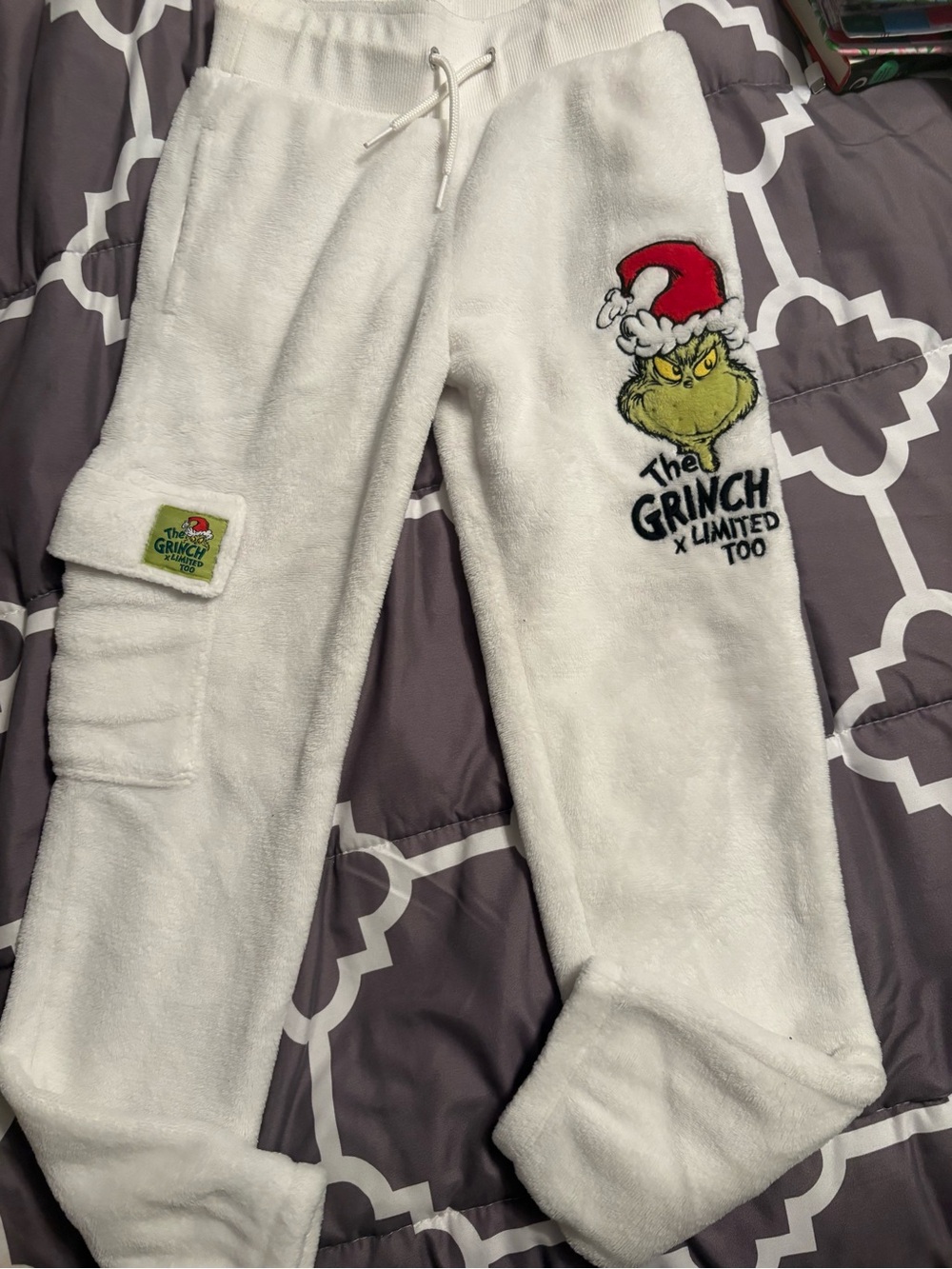 Limited Too White Grinch Fleece Joggers with Red Hat Detail